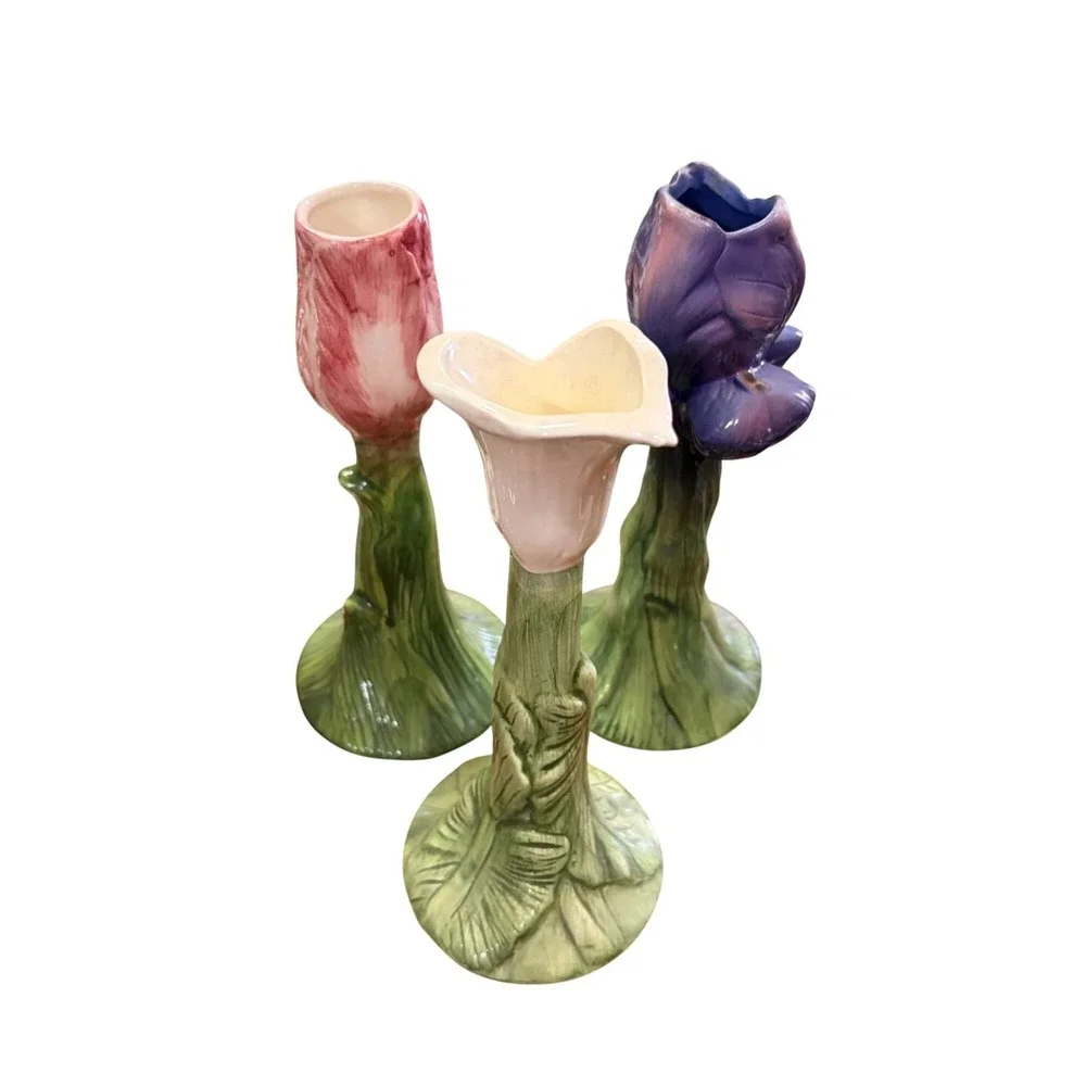 Set of 3 Bud Vases Hand-Painted Ceramic Floral Green Leafy Stems 7.5